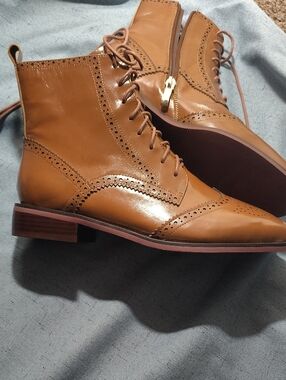 Women's Tan Brogue Lace-Up Ankle Boots with Side Zip